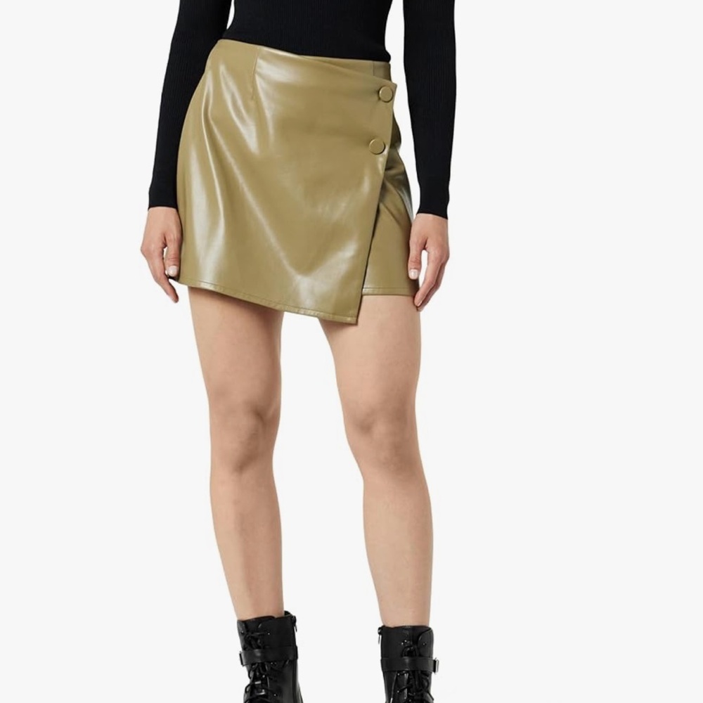 NWT The Drop Women's Portia Vegan Leather Mini Wrap Skirt, Martini Olive